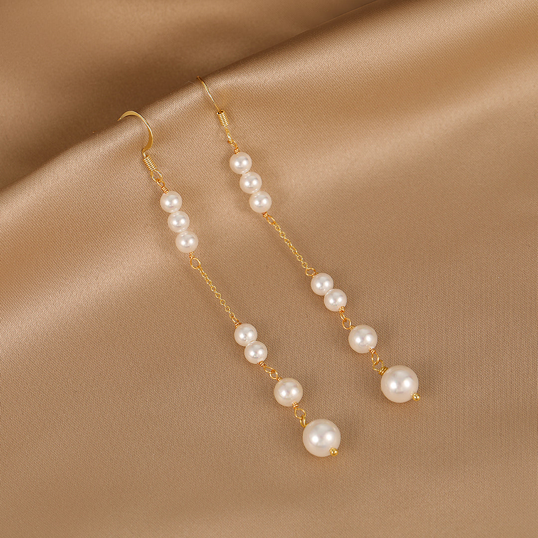 Édith - 18K Delicate Flawless Pearls Long Chain Ear Danglers Earrings