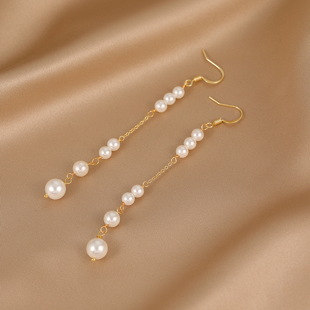 Édith - 18K Delicate Flawless Pearls Long Chain Ear Danglers Earrings