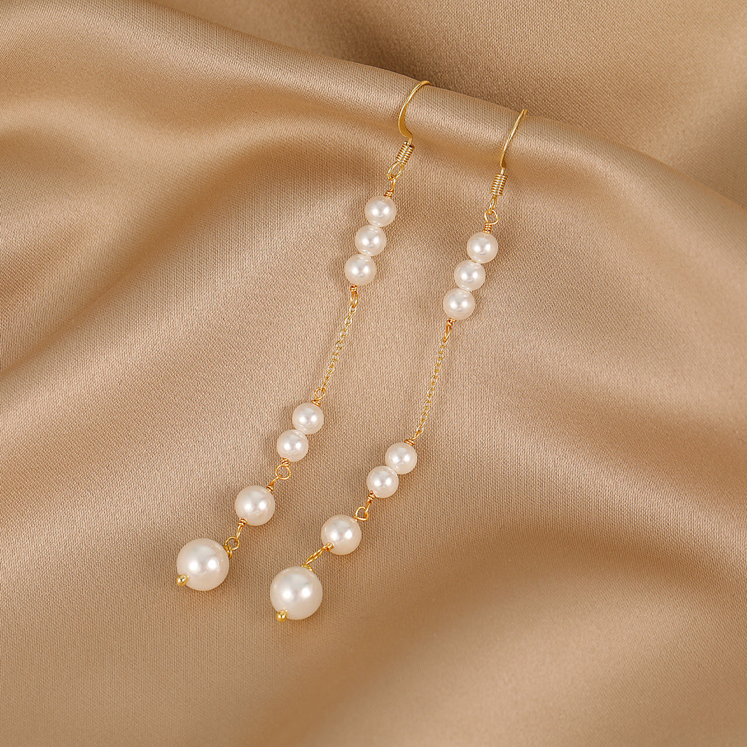 Édith - 18K Delicate Flawless Pearls Long Chain Ear Danglers Earrings