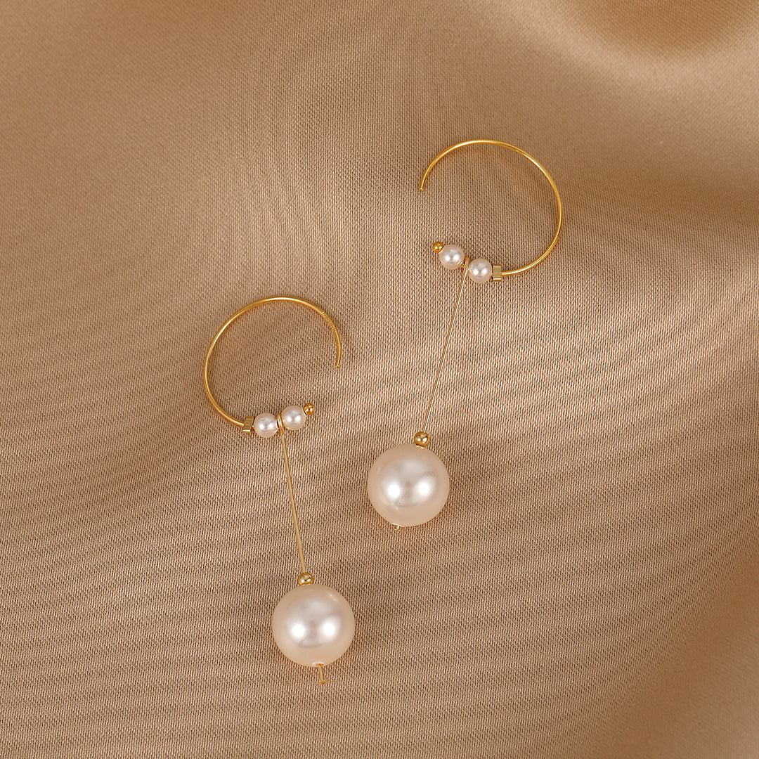 Arya - 18K Delightful Crescent Flawless Pearls Ear Danglers Earrings with Hoops