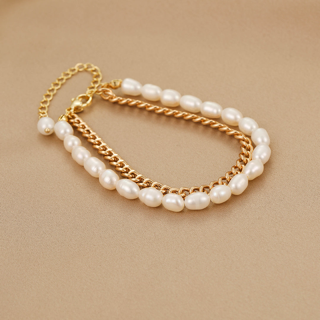 Colette - 14K Modern Overlapping Chain & Natural Pearl Bracelet