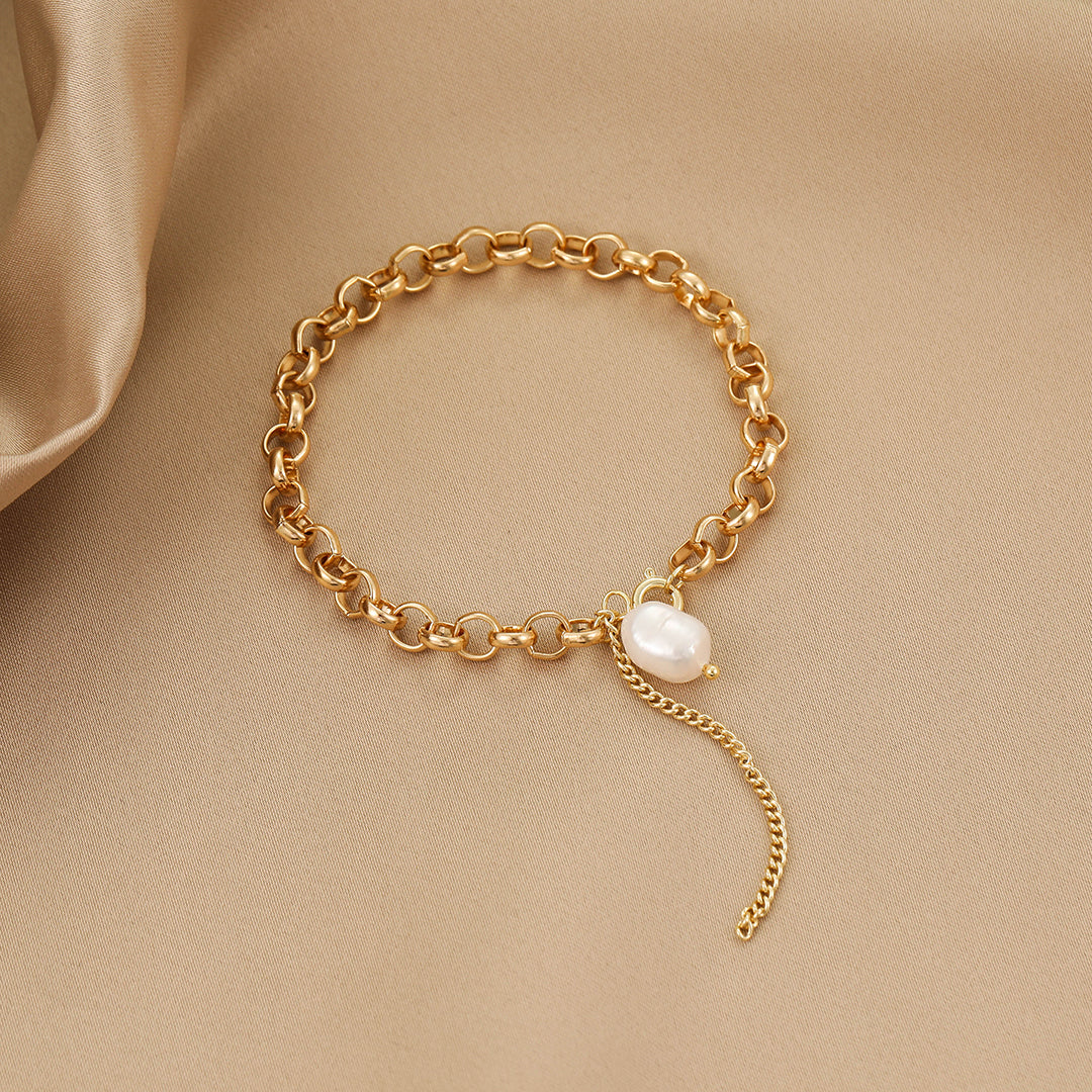 Ida - 14K Solid Chain Interlocking Natural Pearl Bracelet