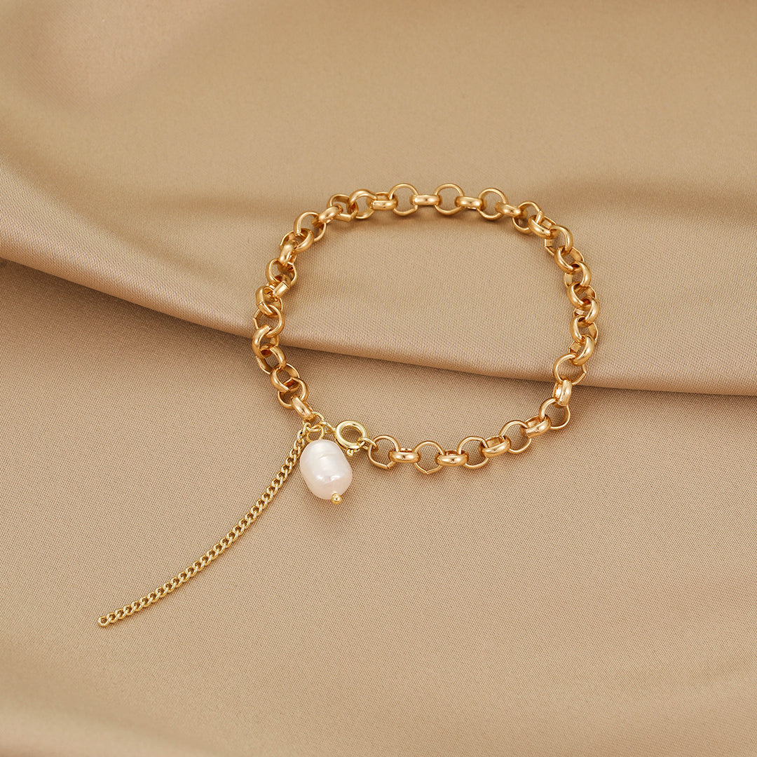 Ida - 14K Solid Chain Interlocking Natural Pearl Bracelet