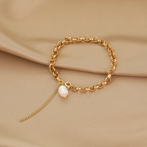 Ida - 14K Solid Chain Interlocking Natural Pearl Bracelet