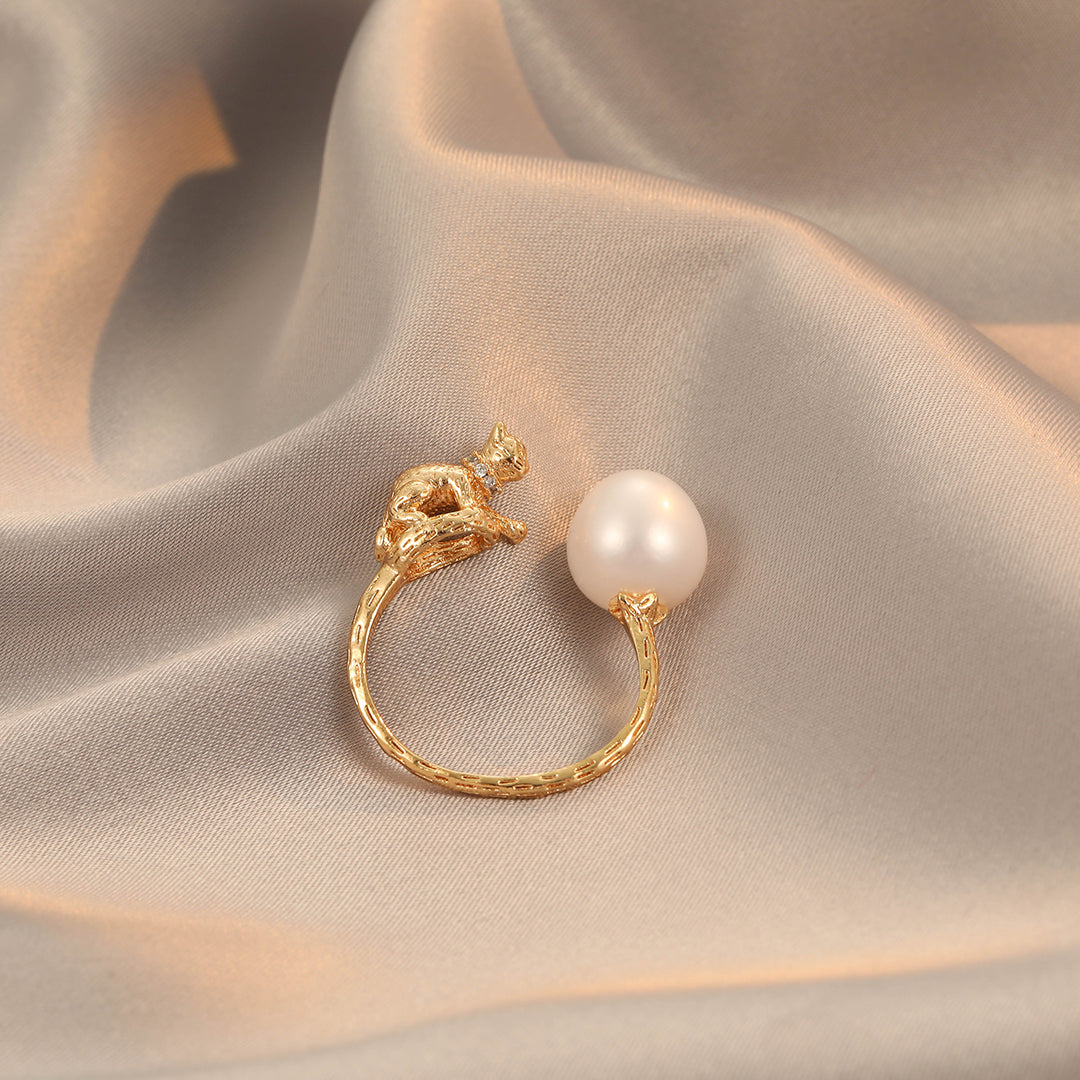 Bia - 18K Cute Cat Natural Pearl Ring