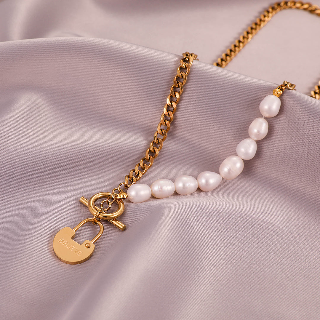 Belief - 14K Trendy Lock Pendant Natural Pearls Necklace