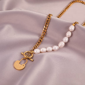 Belief - 14K Trendy Lock Pendant Natural Pearls Necklace