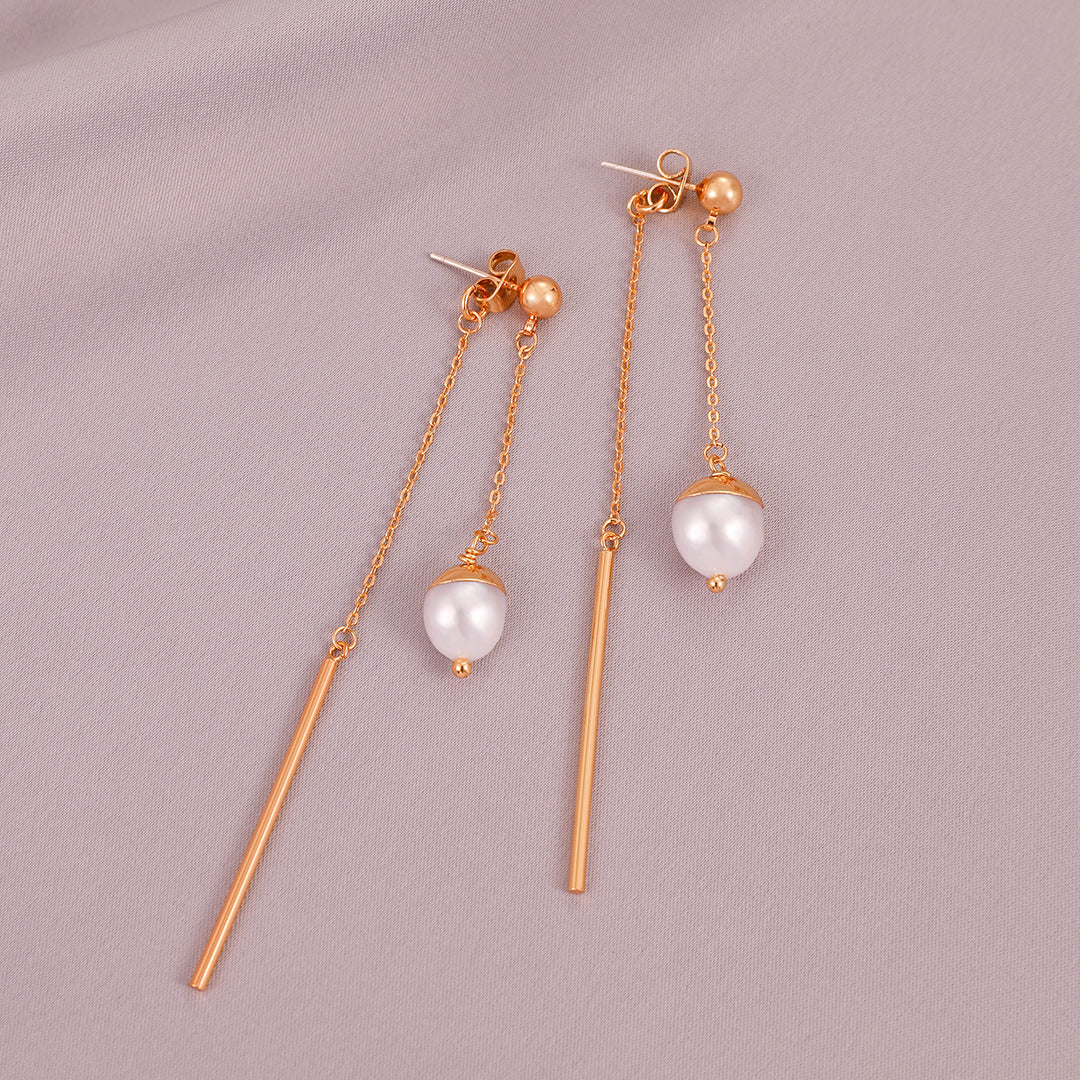 Fernande - 18K Chic Long Chain Natural Pearl Ear Danglers Earrings