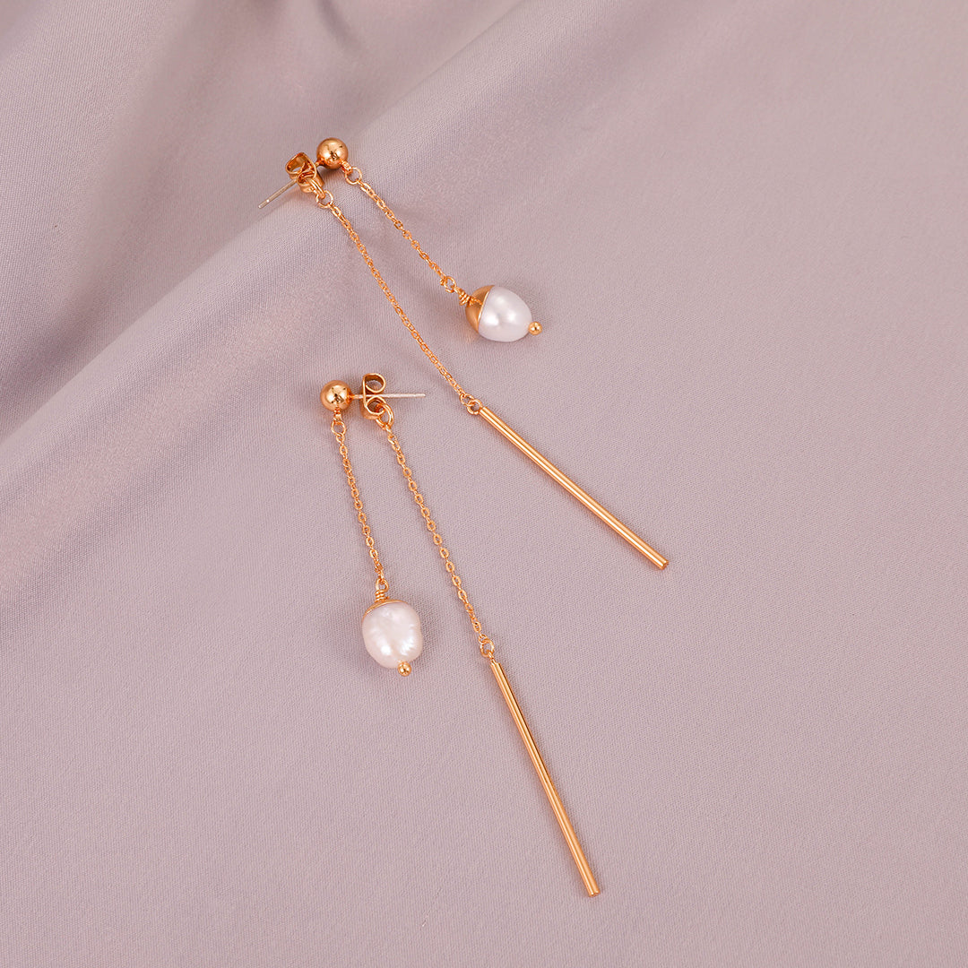 Fernande - 18K Chic Long Chain Natural Pearl Ear Danglers Earrings