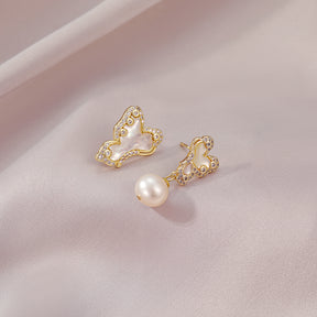 Papillon - 18K Bejeweled Natural Pearl & Mother-of-Pearl Mismatched Butterfly Drop Earrings