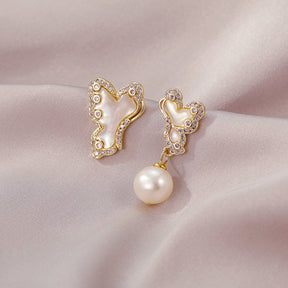 Papillon - 18K Bejeweled Natural Pearl & Mother-of-Pearl Mismatched Butterfly Drop Earrings