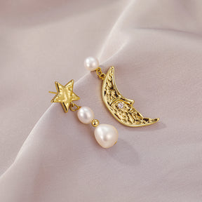 Selena - 18K Fancy Moon-Star Mismatched Natural Pearls Drop Earrings