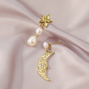 Selena - 18K Fancy Moon-Star Mismatched Natural Pearls Drop Earrings