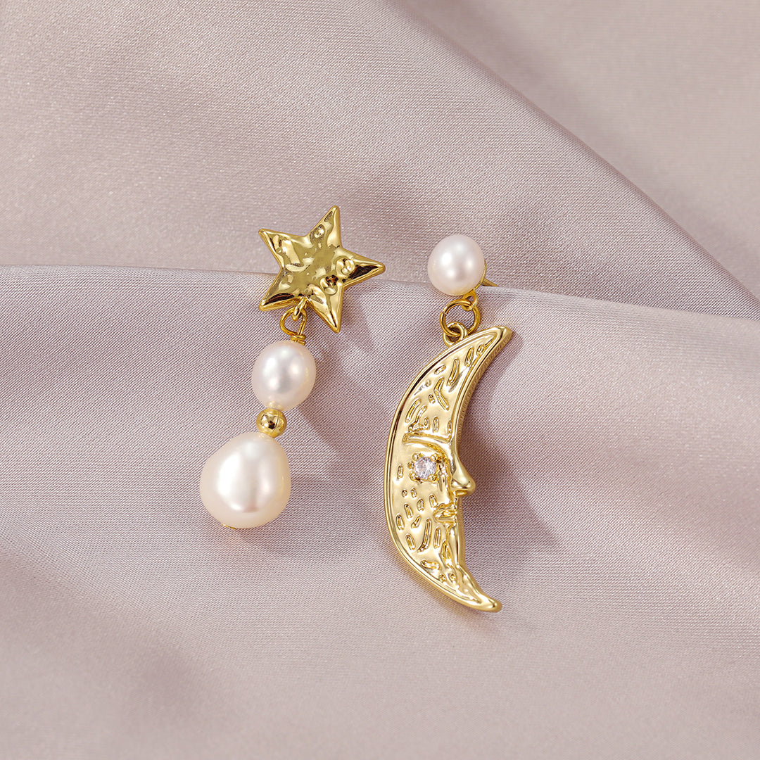 Selena - 18K Fancy Moon-Star Mismatched Natural Pearls Drop Earrings