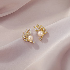 Aurum Folia - 18K Bejeweled Leaf-Shaped Natural Pearl Stud Earrings