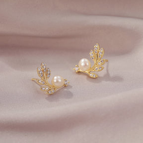 Aurum Folia - 18K Bejeweled Leaf-Shaped Natural Pearl Stud Earrings