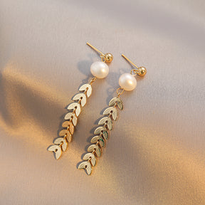 Sylvie - 18K Ornate Drop Leaves Natural Pearl Long Ear Danglers Earrings