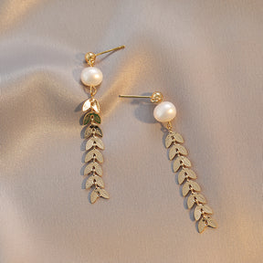 Sylvie - 18K Ornate Drop Leaves Natural Pearl Long Ear Danglers Earrings