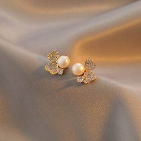 Clover - 18K Exquisite Bejeweled Natural Pearl Stud Earrings