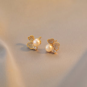 Clover - 18K Exquisite Bejeweled Natural Pearl Stud Earrings