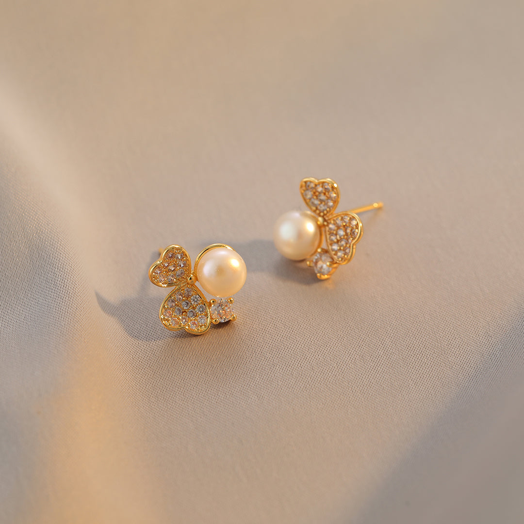 Clover - 18K Exquisite Bejeweled Natural Pearl Stud Earrings