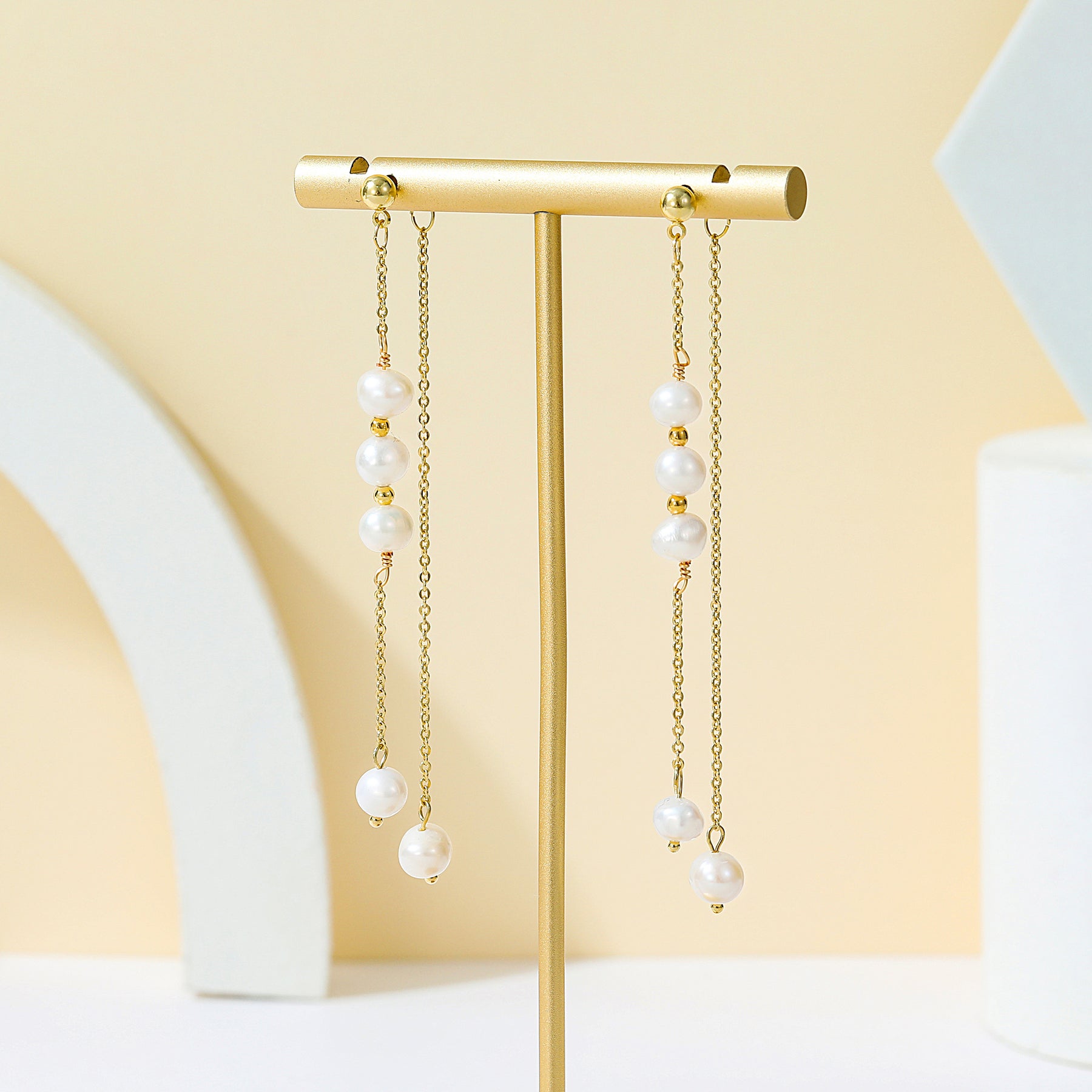 Rain - 18K Tassel-shaped Natural Pearls Long Ear Danglers Earrings