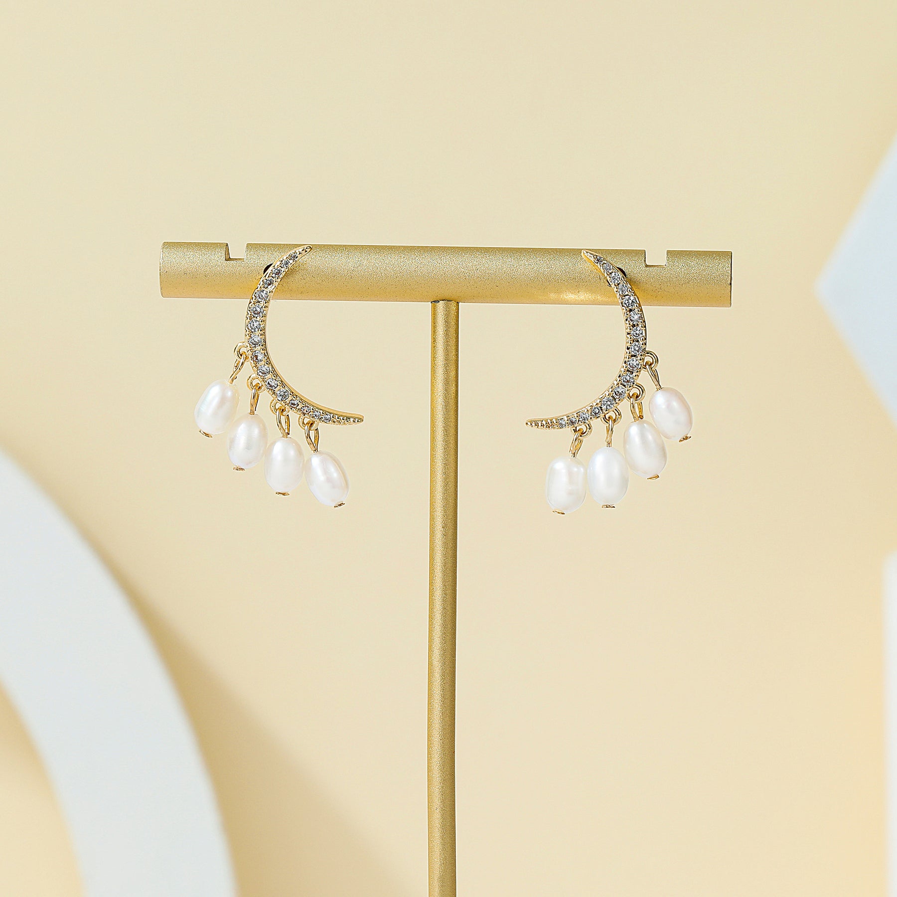 Diana - 18K Bejeweled Crescent Moon Natural Pearls Earrings