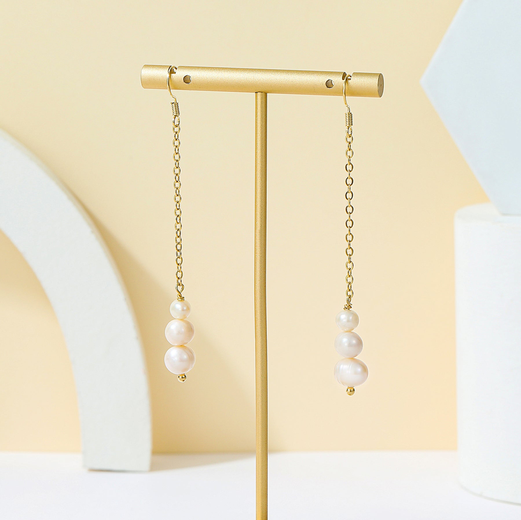 Mia - 18K Triple Natural Pearls Drop Long Ear Danglers Earrings