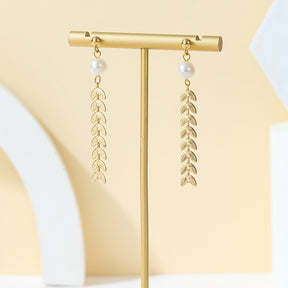 Sylvie - 18K Ornate Drop Leaves Natural Pearl Long Ear Danglers Earrings