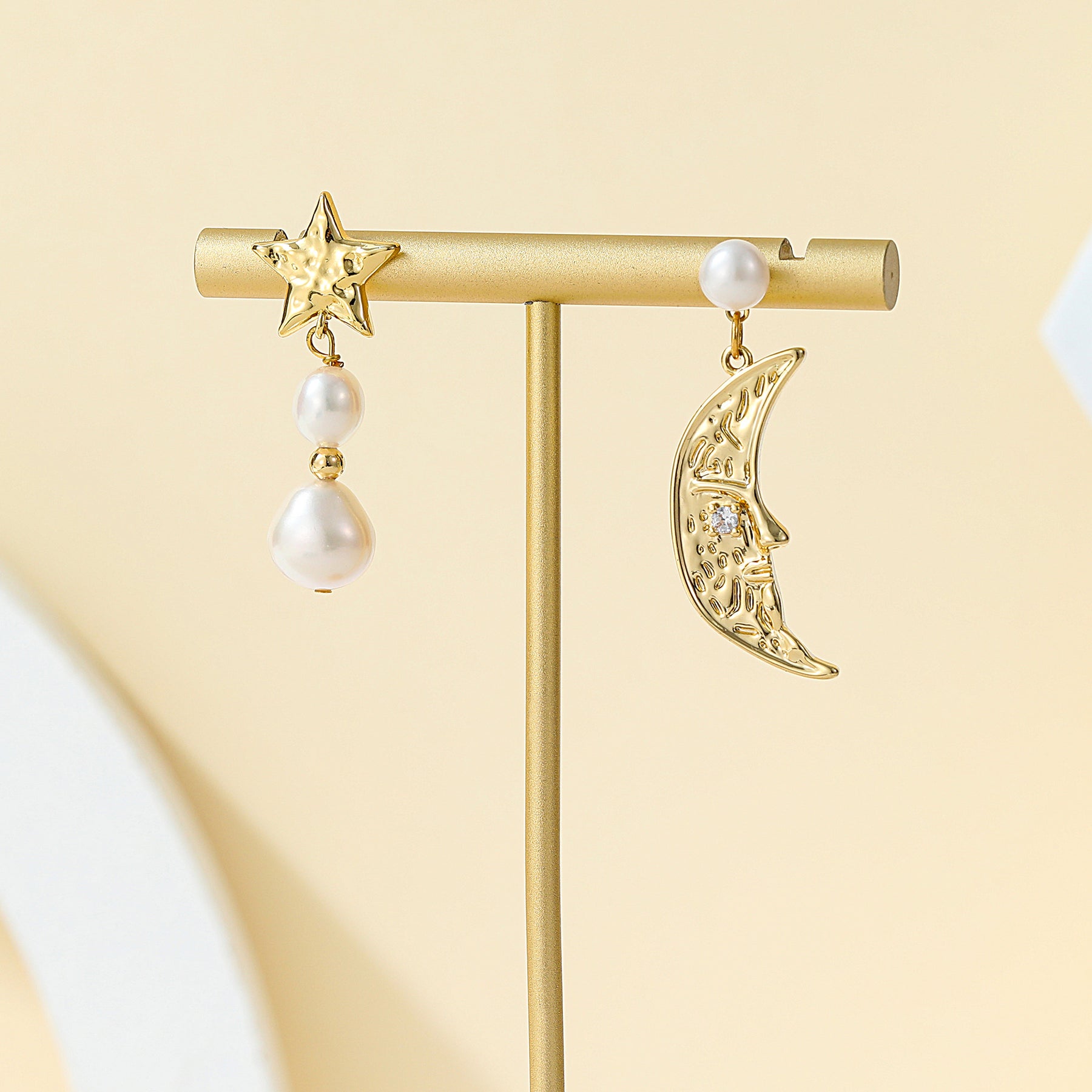 Selena - 18K Fancy Moon-Star Mismatched Natural Pearls Drop Earrings