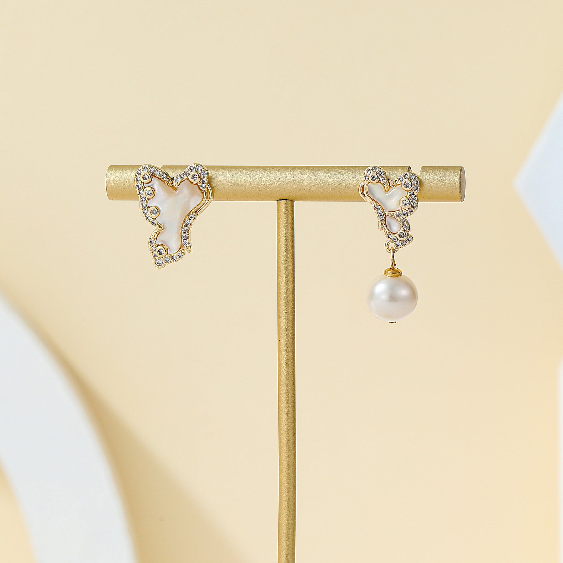 Papillon - 18K Bejeweled Natural Pearl & Mother-of-Pearl Mismatched Butterfly Drop Earrings