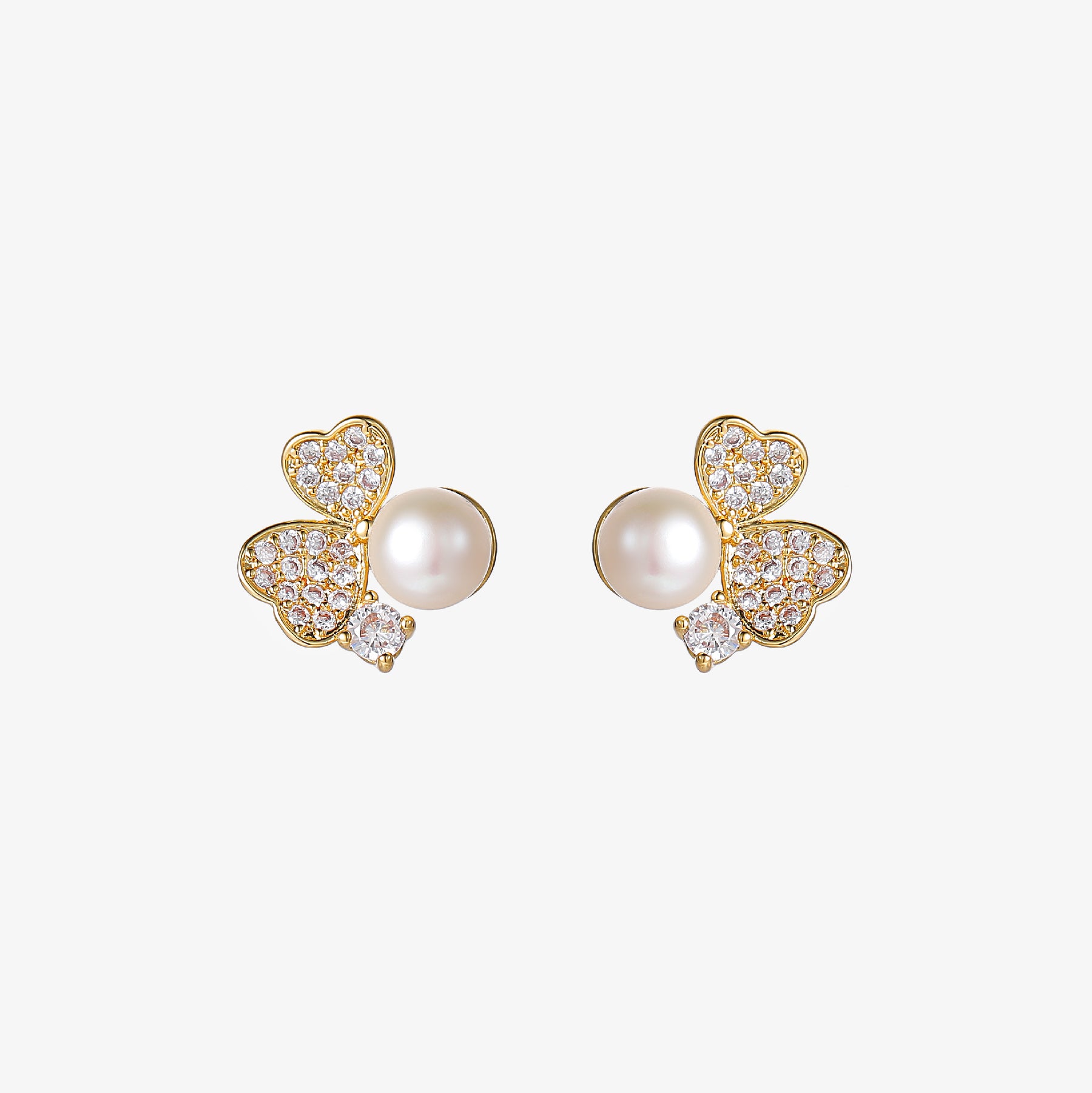 Clover - 18K Exquisite Bejeweled Natural Pearl Stud Earrings