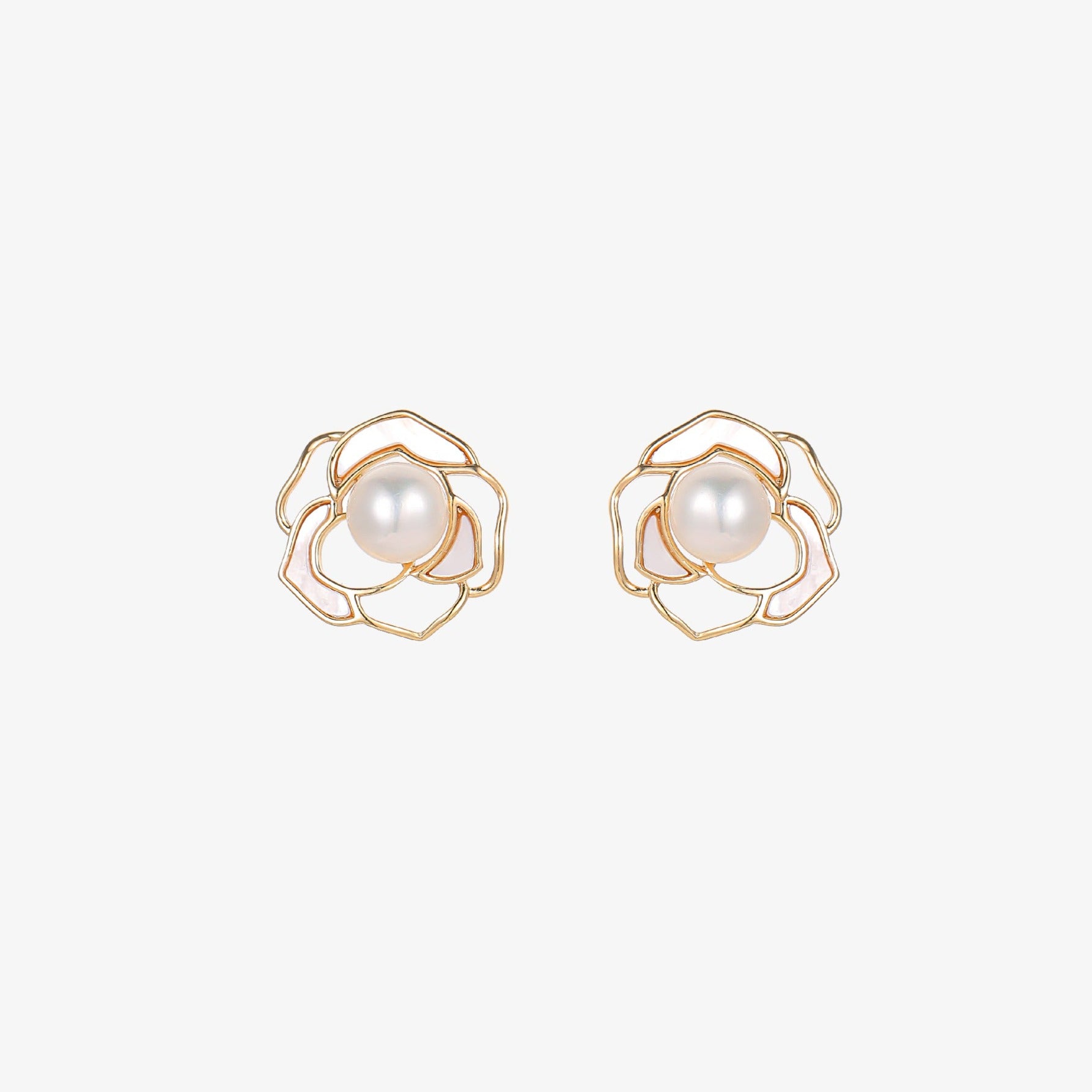 Rose - Gold-Filled Delicate Floral Natural Pearl & Mother-of-Pearl Stud Earrings