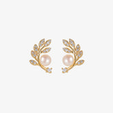 Aurum Folia - 18K Bejeweled Leaf-Shaped Natural Pearl Stud Earrings