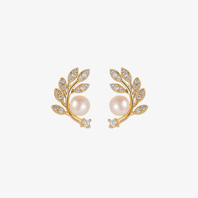 Aurum Folia - 18K Bejeweled Leaf-Shaped Natural Pearl Stud Earrings