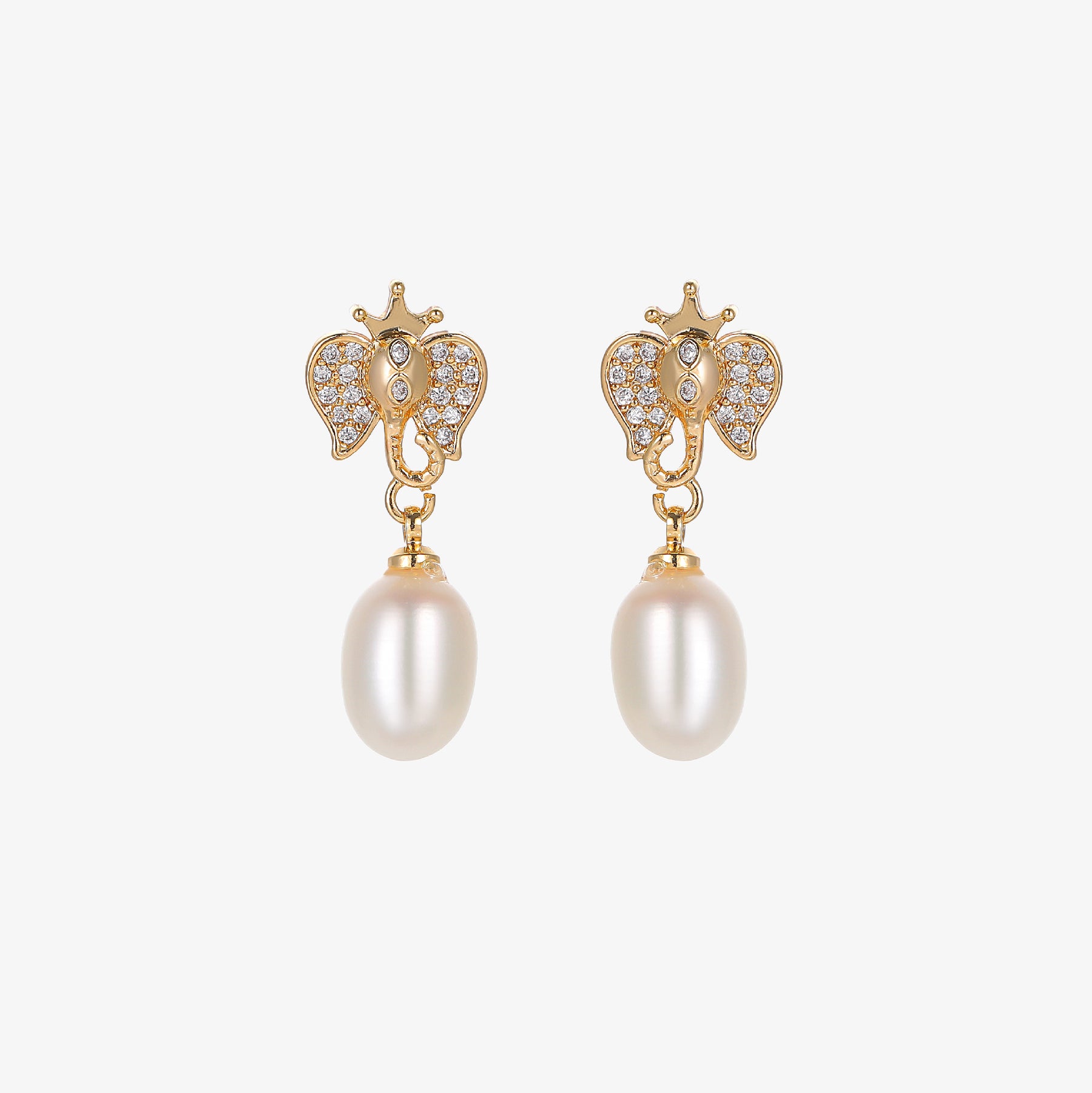 Éléphant - 18K Luxury Bejeweled Elephant Natural Pearl Stud Earrings