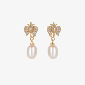 Éléphant - 18K Luxury Bejeweled Elephant Natural Pearl Stud Earrings