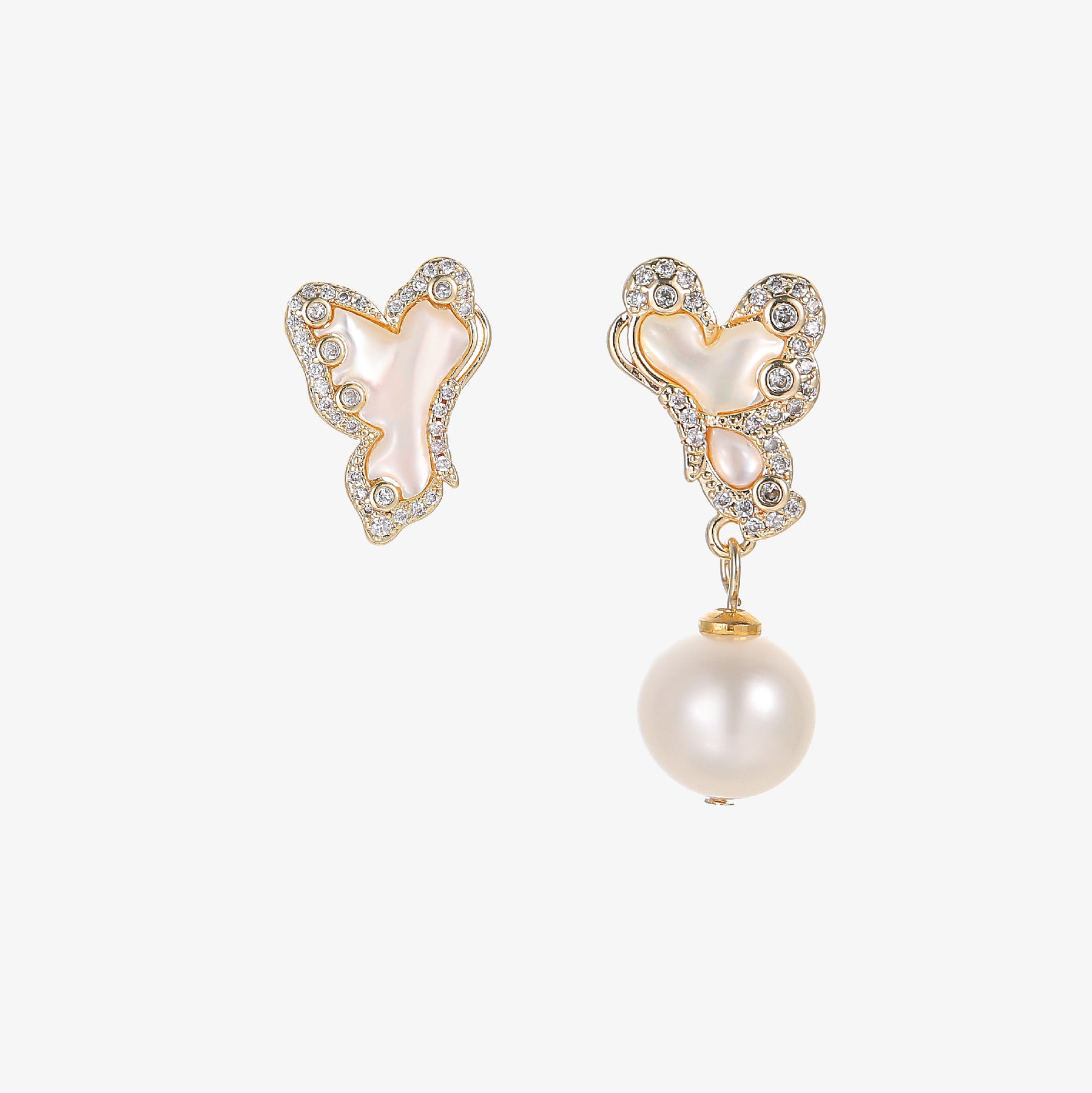 Papillon - 18K Bejeweled Natural Pearl & Mother-of-Pearl Mismatched Butterfly Drop Earrings