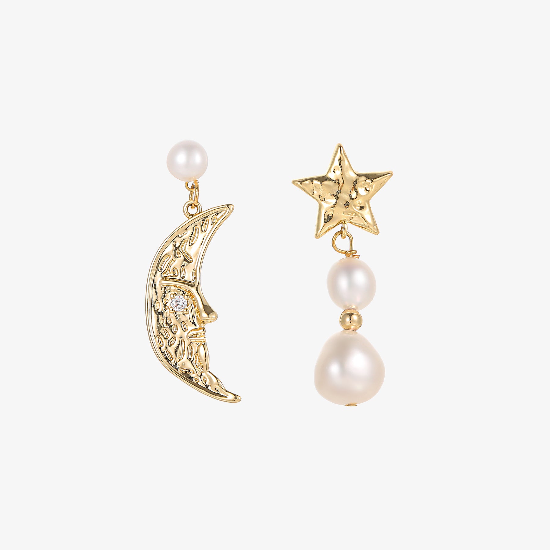 Selena - 18K Fancy Moon-Star Mismatched Natural Pearls Drop Earrings