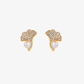 Ginkgo - 18K Exquisite Bejeweled Ginkgo Biloba Natural Pearl Stud Earrings