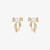 Eugenie - 18K Bejeweled Shiny Natural Pearl Bow Tie Stud Earrings