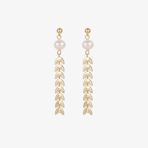 Sylvie - 18K Ornate Drop Leaves Natural Pearl Long Ear Danglers Earrings