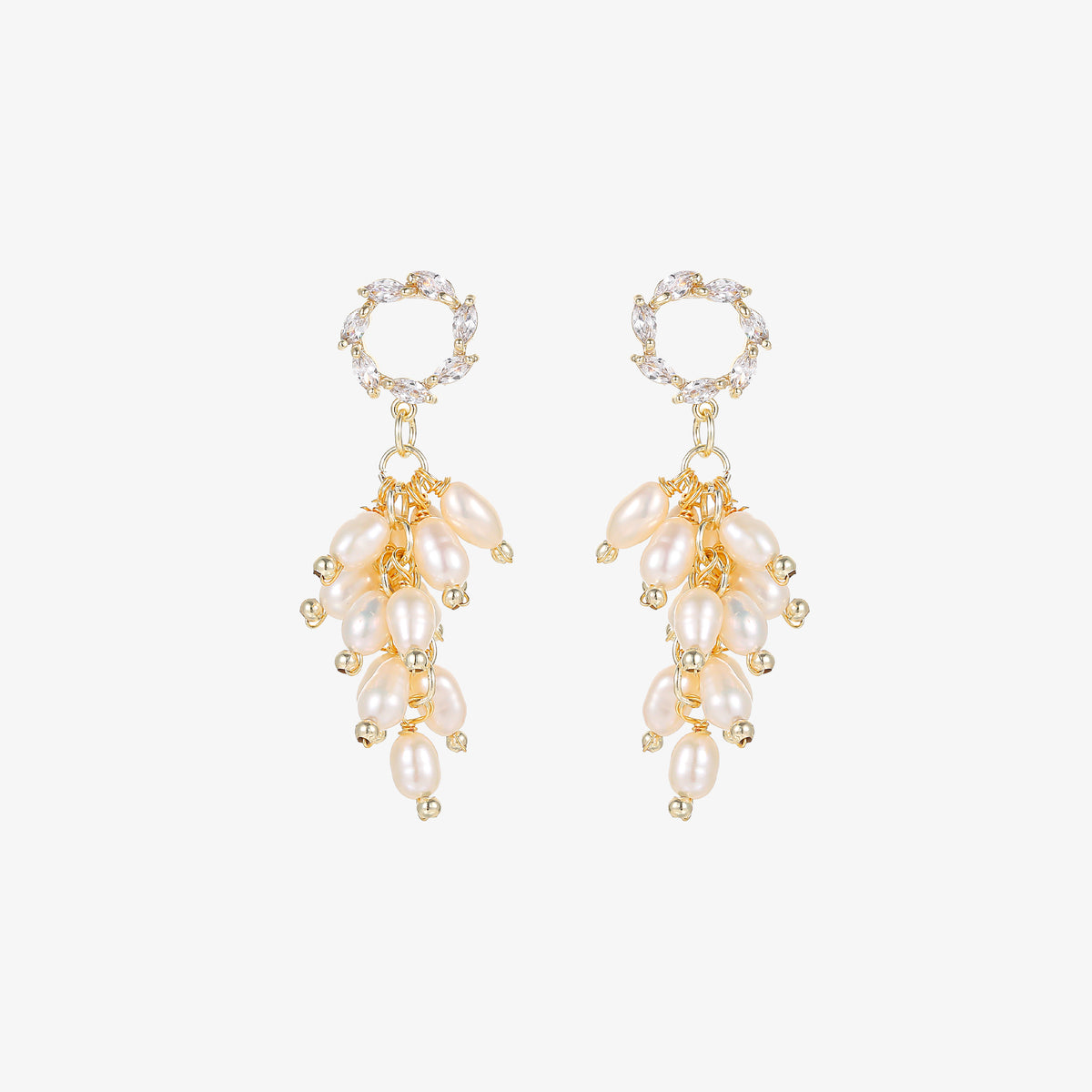 August - 18K Romantic Wreath-shaped Top Natural Pearls Cluster Ear Danglers Drop Earrings