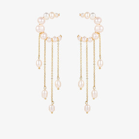 Beatrice - 18K Romantic Moon Tassels Natural Pearls Ear Danglers Earrings