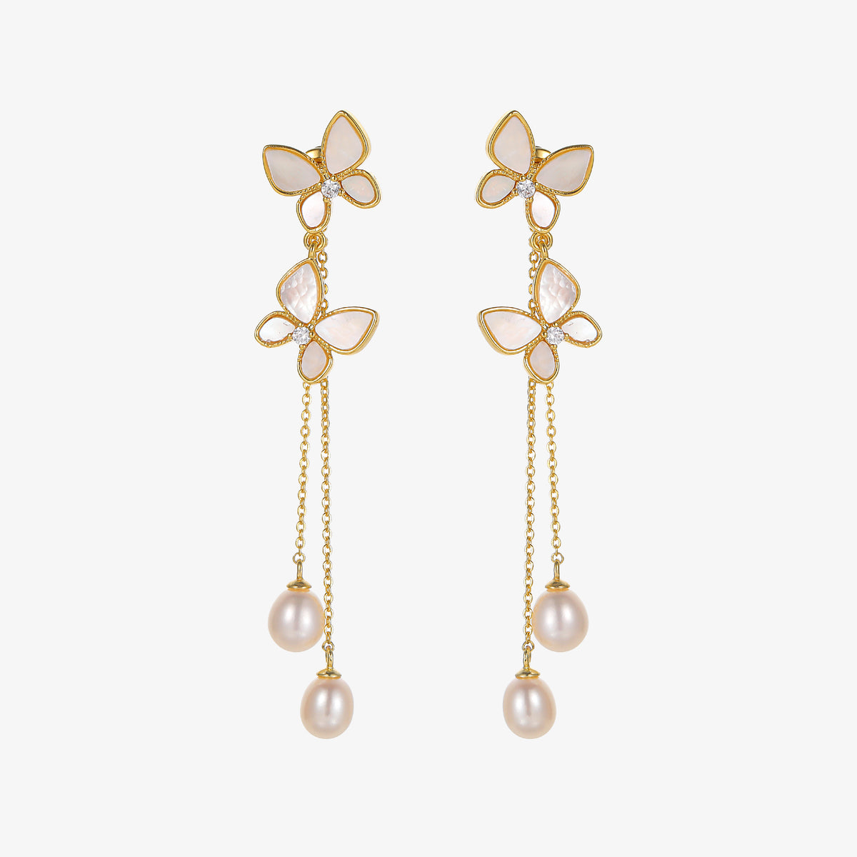 Ella - 18K Romantic Natural Pearls & Mother-of-Pearl Butterfly Ear Danglers Earrings Tassels