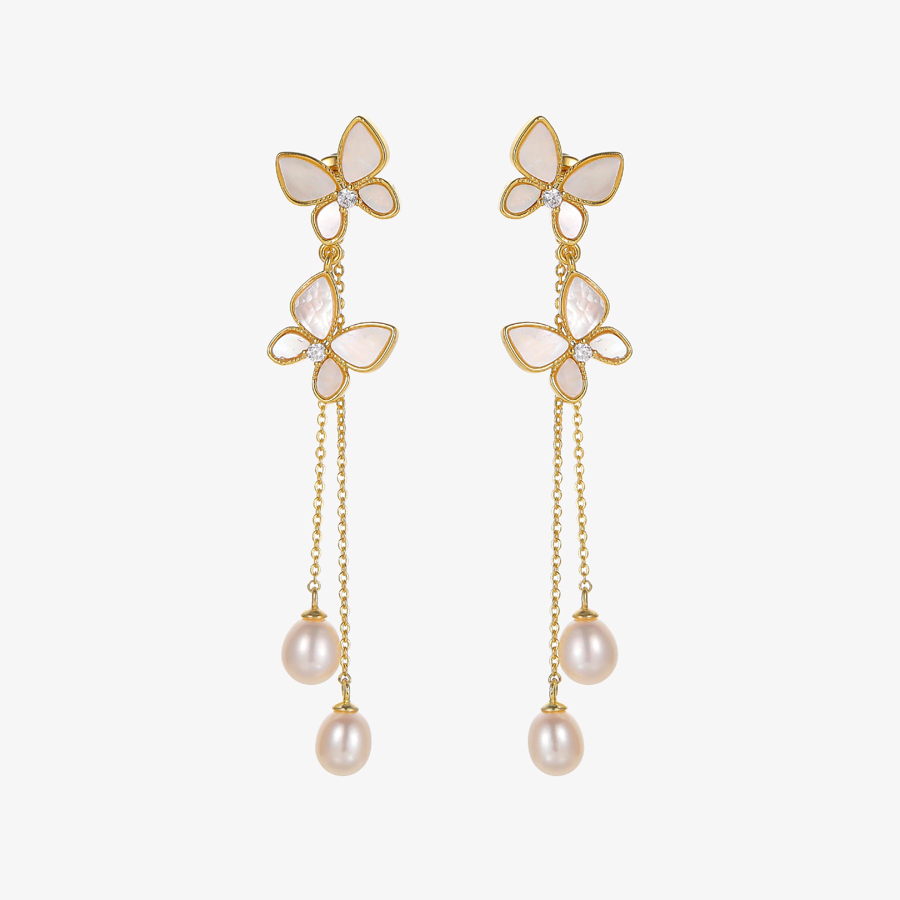 Ella - 18K Romantic Natural Pearls & Mother-of-Pearl Butterfly Ear Danglers Earrings Tassels