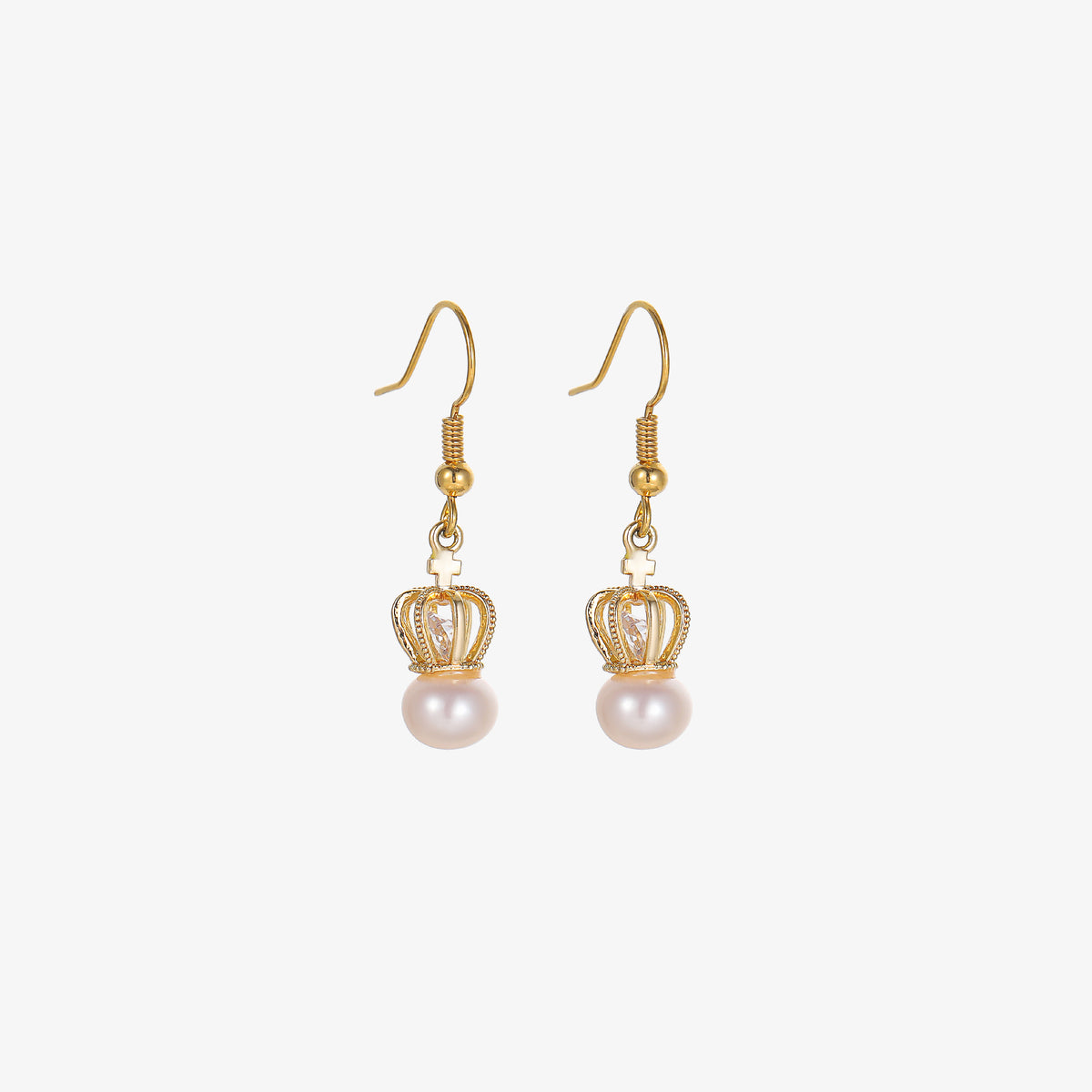 Reine - Pendientes Eardrops con Forma de Corona de Perlas Naturales de 18K