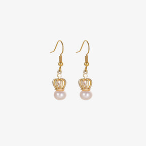 Reine - Pendientes Eardrops con Forma de Corona de Perlas Naturales de 18K