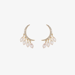 Diana - 18K Bejeweled Crescent Moon Natural Pearls Earrings