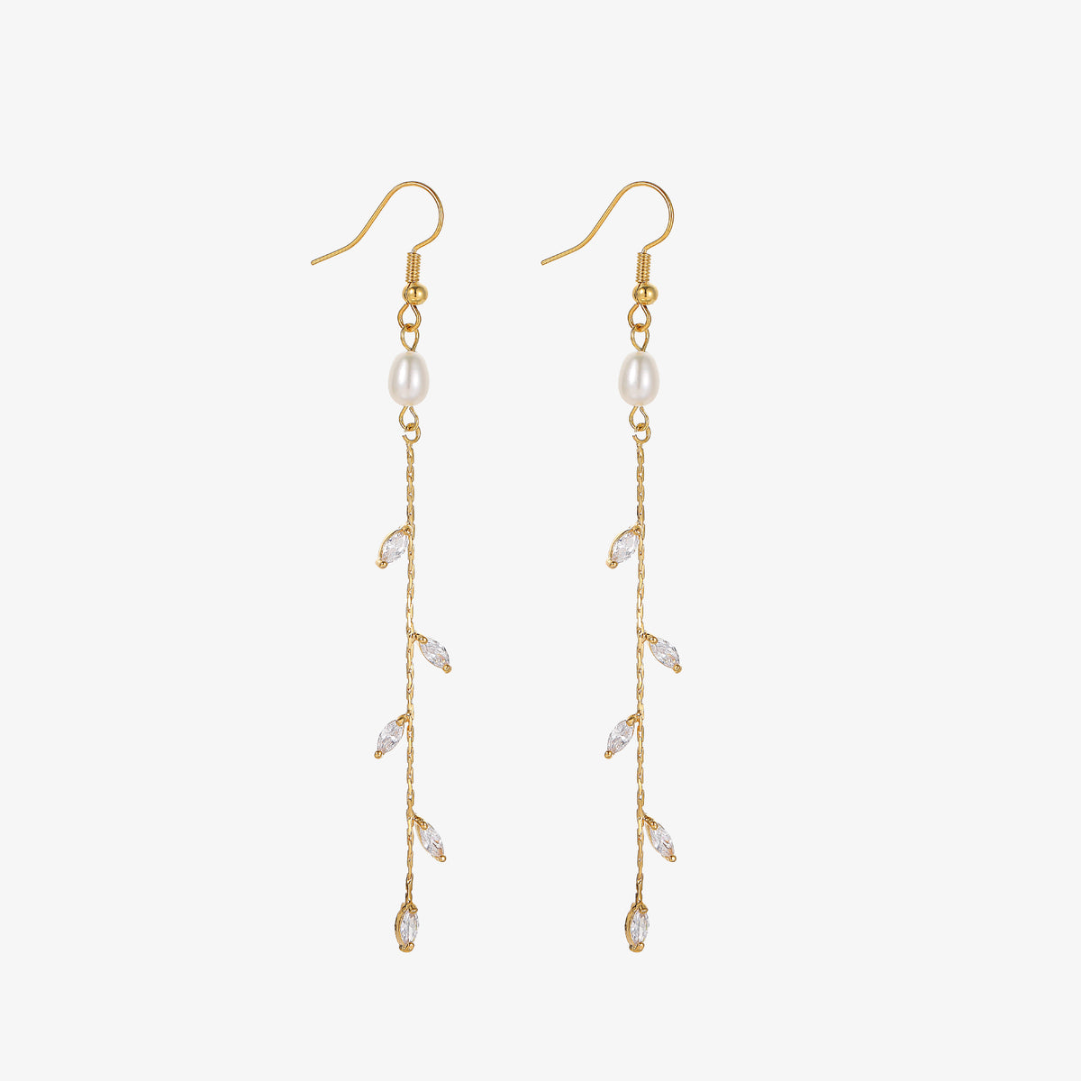 Willow - 18K Bejeweled Dainty Leaf-Shaped Natural Pearl Long Ear Danglers Drop Earrings